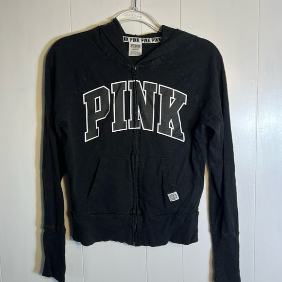 PINK Victoria's Secret Tops - Victoria Secret Pink Black Crop Hoodie Logo Thumbholes Size Small